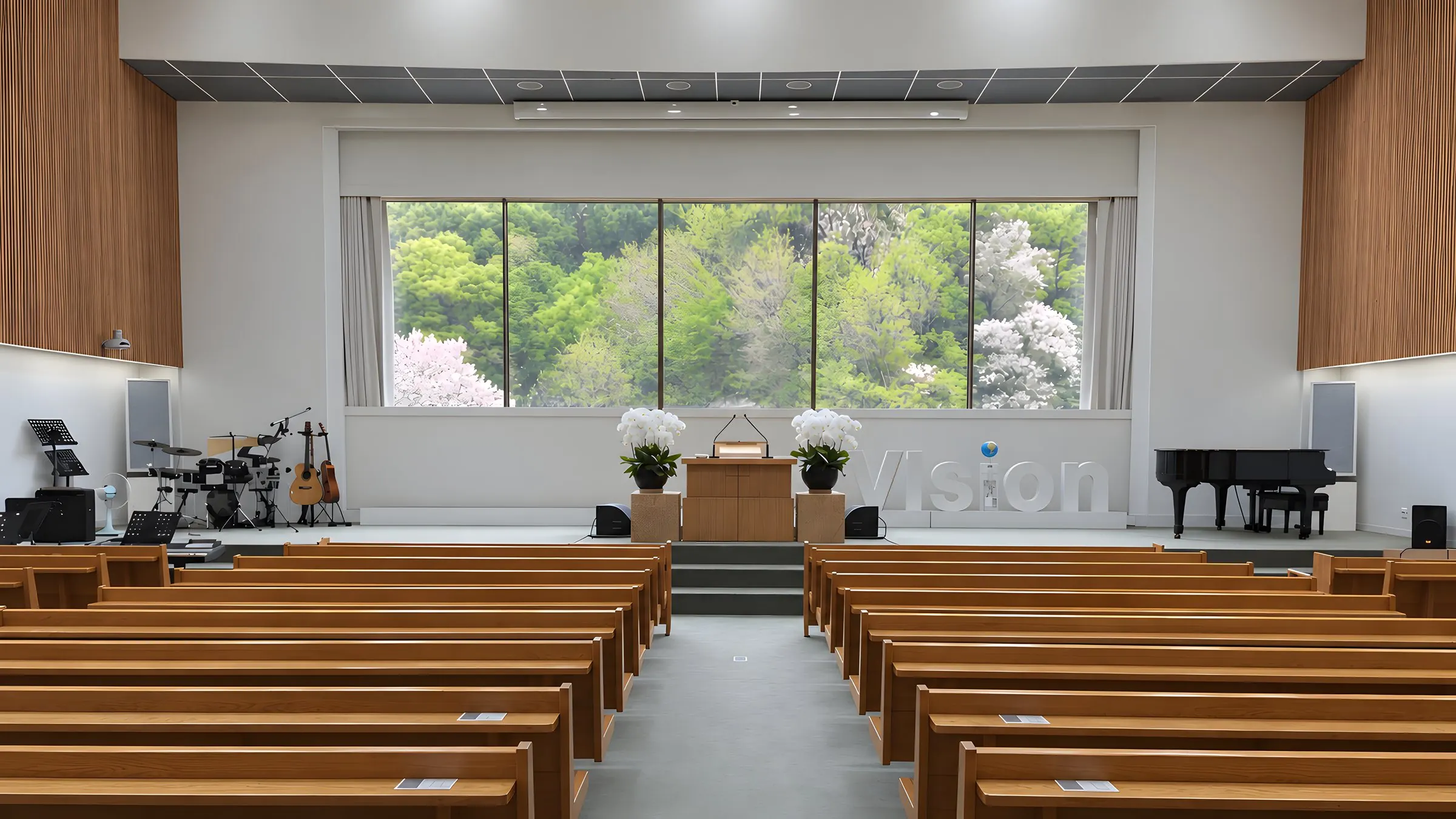 봄 새잎이 보이는 은목교회 본당 그레이스홀